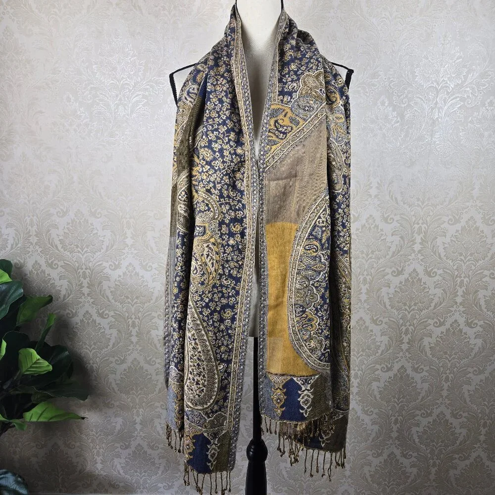 Blue and Gold Paisley and Floral Patterned Oblong Scarf Fringed Ends Feminine